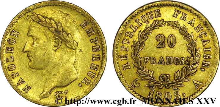 20 francs or Napoléon tête laurée, République française, axe décalé 1808 Paris F.515/2 XF 