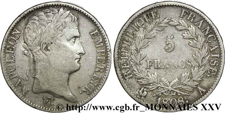 5 francs Napoléon Ier tête laurée, République française 1808 Paris F.306/2 BB 