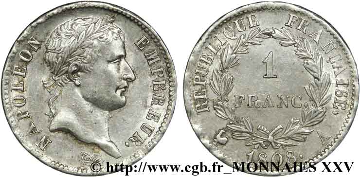 1 franc Napoléon Ier tête laurée, République française 1808 Paris F.204/2 EBC 