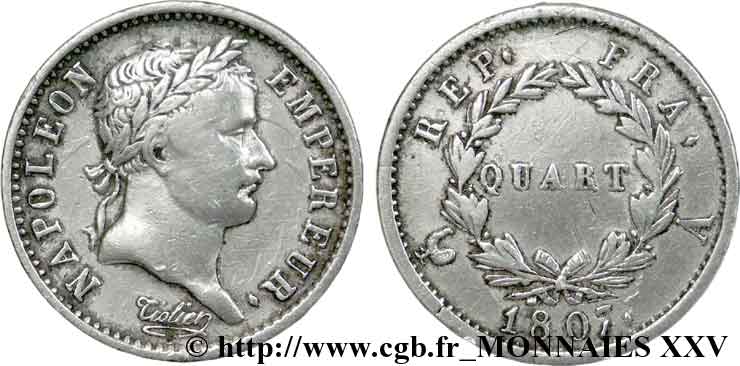 Quart de franc Napoléon Ier tête laurée, République française 1807 Paris F.161/1 VF 