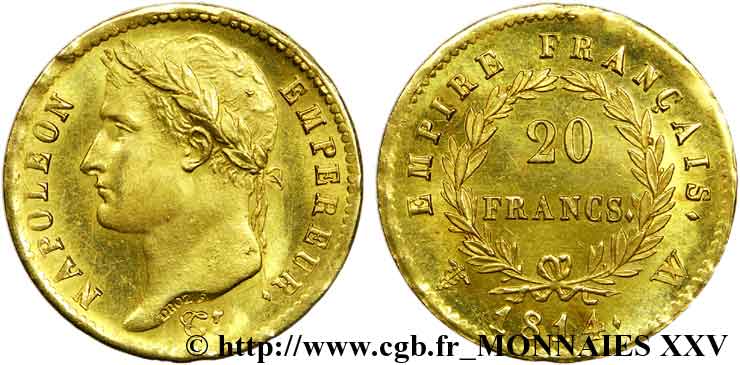 20 francs Napoléon Ier tête laurée, Empire français 1814 Lille F.516/42 FDC 