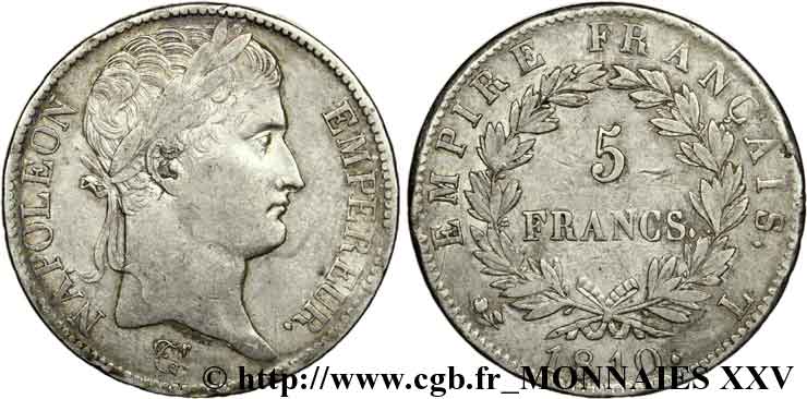5 francs Napoléon empereur, Empire français 1810 Bayonne F.307/20 TB 