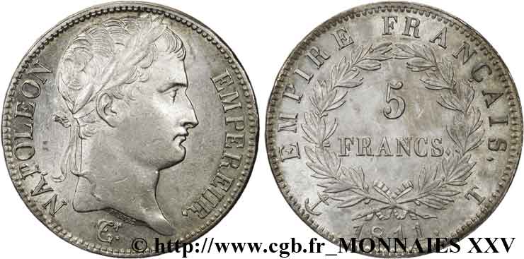 5 francs Napoléon empereur, Empire français 1811 Nantes F.307/38 EBC 
