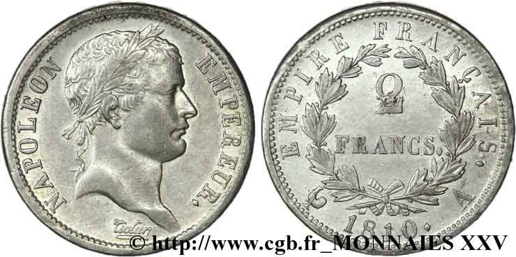 2 francs Napoléon Ier tête laurée, Empire français 1810 Paris F.255/10 SPL 