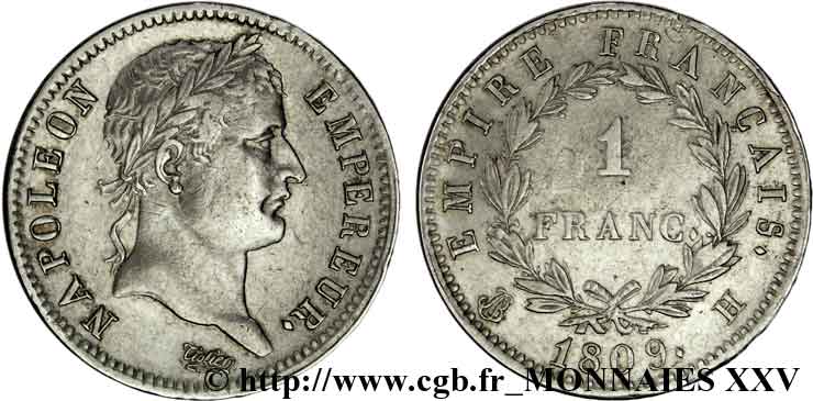 1 franc Napoléon Ier tête laurée, Empire français 1809 La Rochelle F.205/4 TTB 