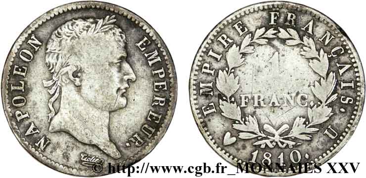 1 franc Napoléon Ier tête laurée, Empire français 1810 Turin F.205/26 VF 