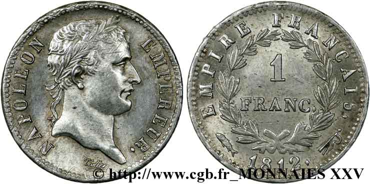 1 franc Napoléon Ier tête laurée, Empire français 1812 Utrecht F.205/56 AU 