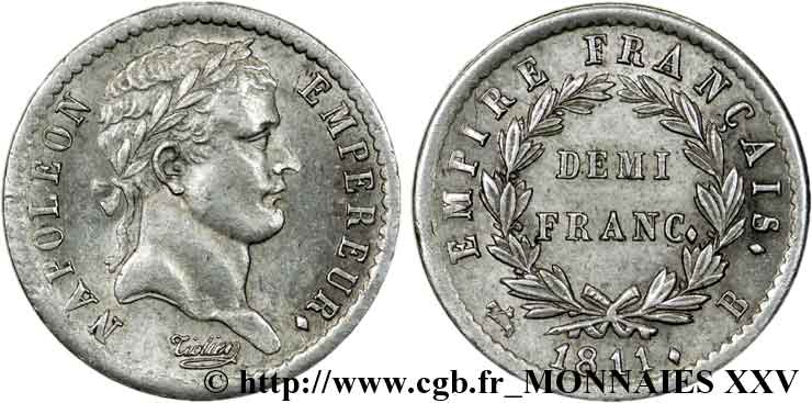 Demi-franc Napoléon Ier tête laurée, Empire français 1811 Rouen F.178/22 EBC 