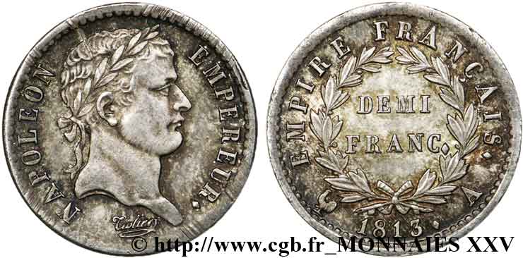 Demi-franc Napoléon Ier tête laurée, Empire français 1813 Paris F.178/49 SUP 