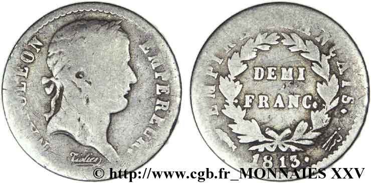 Demi-franc Napoléon Ier tête laurée, Empire français 1813 Utrecht F.178/61 VG 