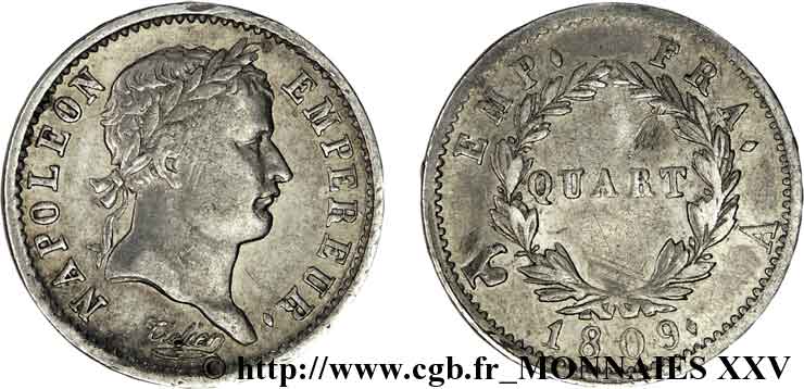 Quart de franc Napoléon Ier tête laurée, Empire français 1809 Paris F.162/1 S 