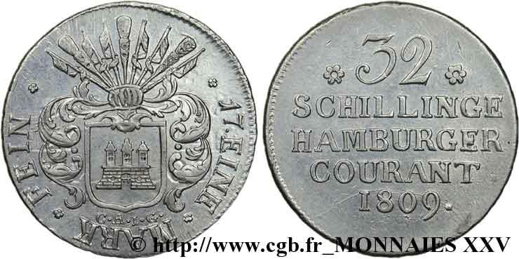 32 schillings, petit module, 2e type 1809 Hambourg VG.1865  MBC 