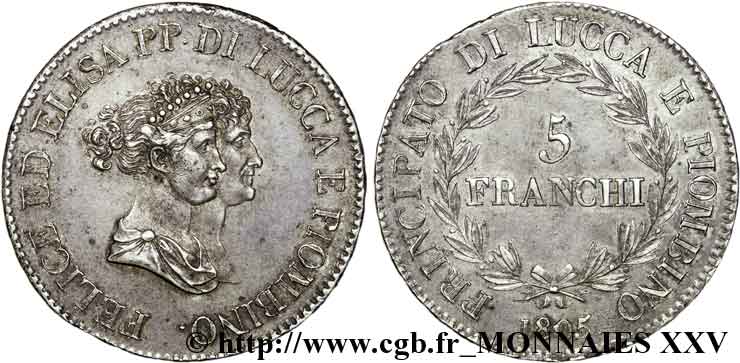 5 franchi, petits bustes 1805 Florence VG.1472  MBC 