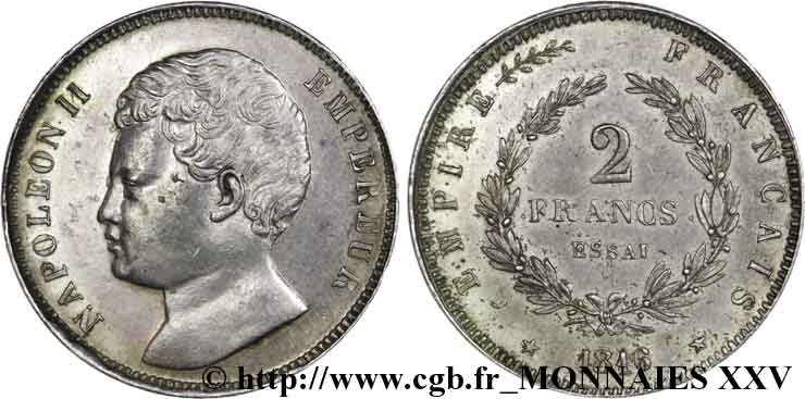 2 francs, essai en argent, surfrappée sur une 2 francs Napoléon empereur 1816  VG.2404  VZ 