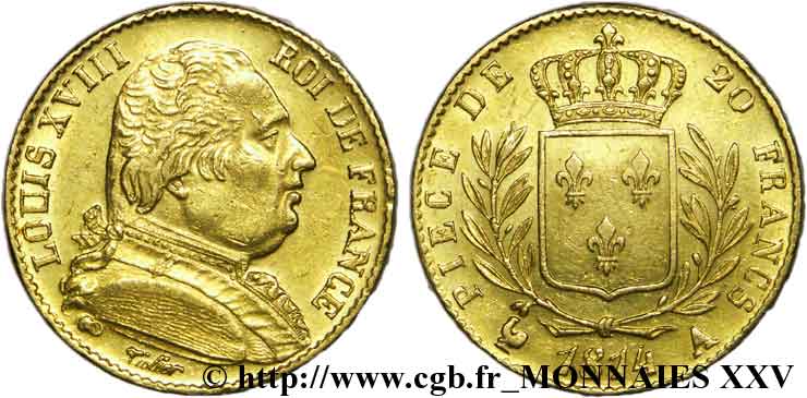 20 francs or Louis XVIII, buste habillé 1814 Paris F.517/2 VZ 