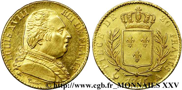 20 francs or Louis XVIII, buste habillé 1815 Paris F.517/10 SPL 
