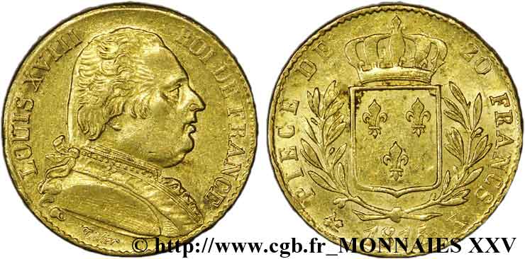 20 francs or Louis XVIII, buste habillé 1815 Bordeaux F.517/13 MBC 