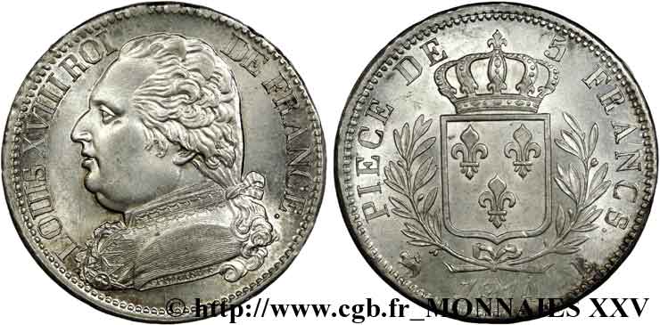5 francs Louis XVIII, buste habillé 1814  Rouen F.308/2 SPL 