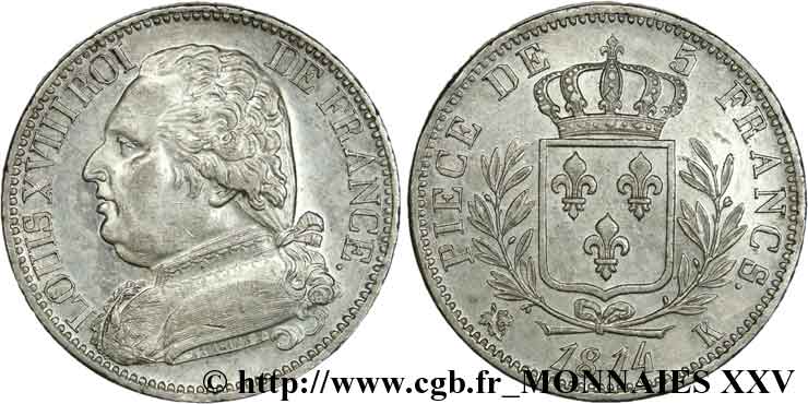 5 francs Louis XVIII, buste habillé 1814 Bordeaux F.308/7 AU 