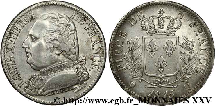 5 francs Louis XVIII, buste habillé 1815 Perpignan F.308/29 XF 
