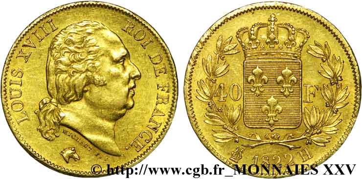 40 francs or Louis XVIII 1822 La Rochelle F.542/12 XF 