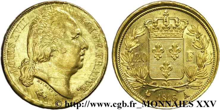20 francs Louis XVIII, tête nue 1816 Paris F.519/1 BB 