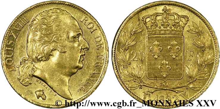 20 francs Louis XVIII, tête nue 1822 Lille F.519/28 SUP 