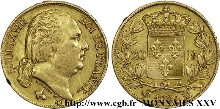 20 francs Louis XVIII, tête nue 1824 Marseille F.519/32 XF 