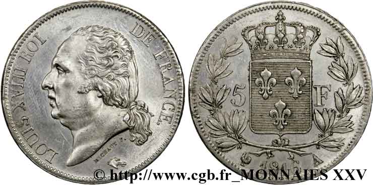 5 francs Louis XVIII, tête nue 1816  Paris F.309/1 EBC 