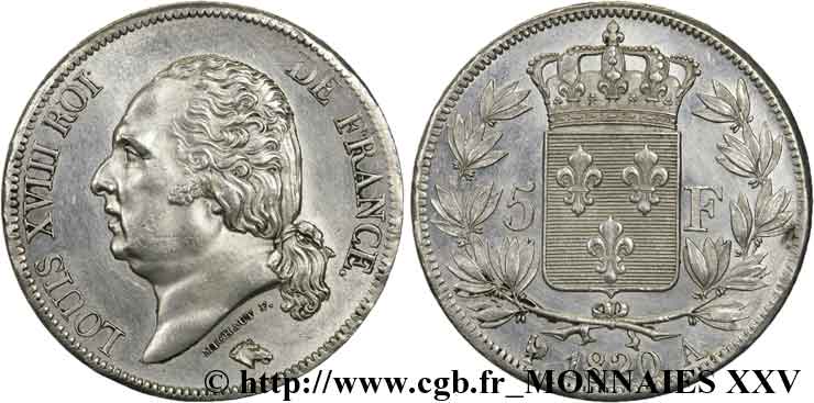 5 francs Louis XVIII, tête nue 1820  Paris F.309/49 EBC 