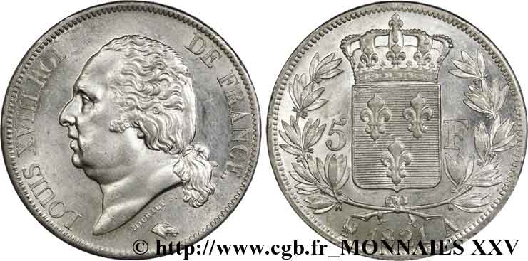 5 francs Louis XVIII, tête nue 1821  Paris F.309/60 SUP 