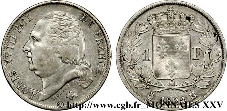 1 franc Louis XVIII 1824 La Rochelle F.206/59 MBC 