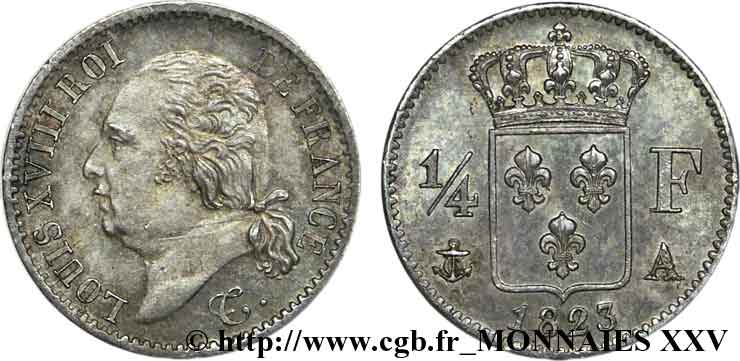 1/4 franc Louis XVIII 1823 Paris F.163/24 SUP 