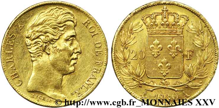20 francs or Charles X 1830 Paris F.520/12 MBC 