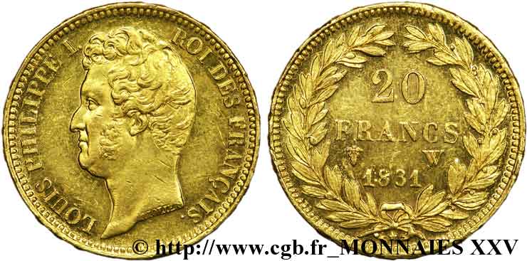 20 francs or Louis-Philippe, Tiolier, tranche inscrite en relief 1831 Lille F.525/5 SPL 
