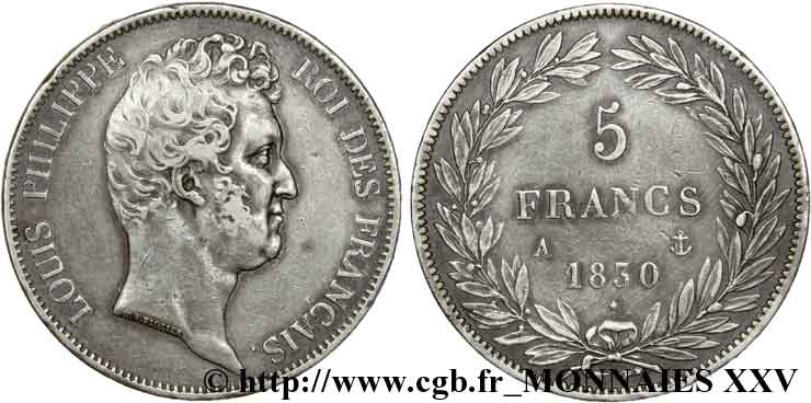 5 francs type Tiolier sans le I, tranche en creux 1830  Paris F.313/1 MBC 