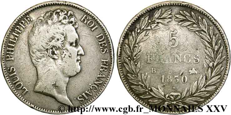 5 francs type Tiolier sans le I, tranche en creux 1830  Rouen F.313/2 S 