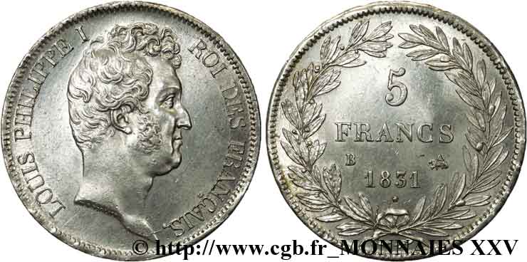 5 francs type Tiolier avec le I, tranche en creux 1831 Rouen F.315/15 SUP 