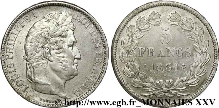 5 francs, Ier type Domard, tranche en relief 1831 Paris F.320/1 MBC 