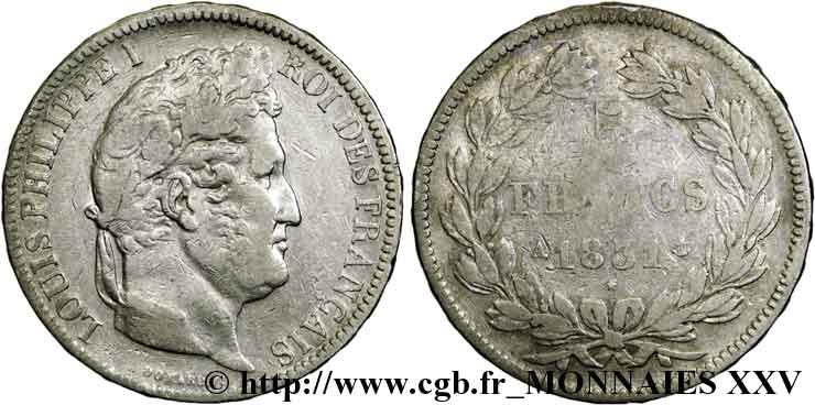 5 francs, Ier type Domard, tranche en relief, axe décalé 1831 Paris F.320/1 TB 