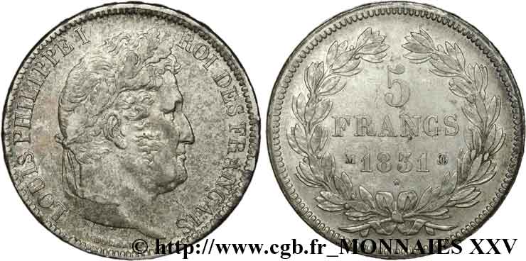 5 francs, Ier type Domard, tranche en relief 1831 Toulouse F.320/9 BB 