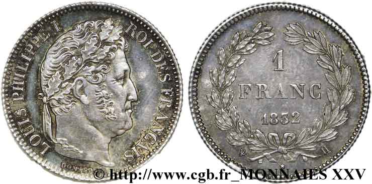 1 franc Louis-Philippe, couronne de chêne 1832 La Rochelle F.210/5 EBC 