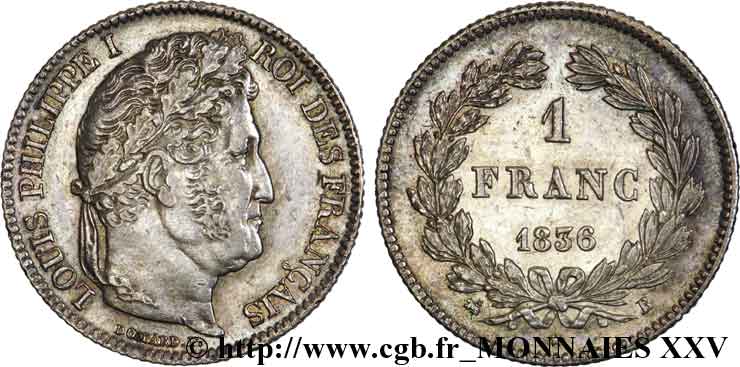1 franc Louis-Philippe, couronne de chêne 1836 Rouen F.210/51 XF 