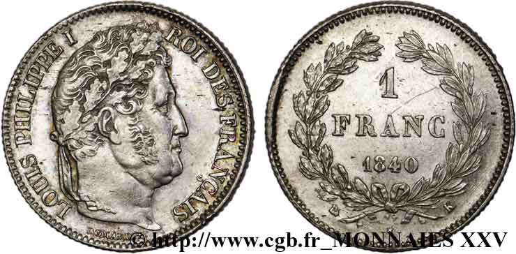 1 franc Louis-Philippe, couronne de chêne 1840 Bordeaux F.210/77 SPL 