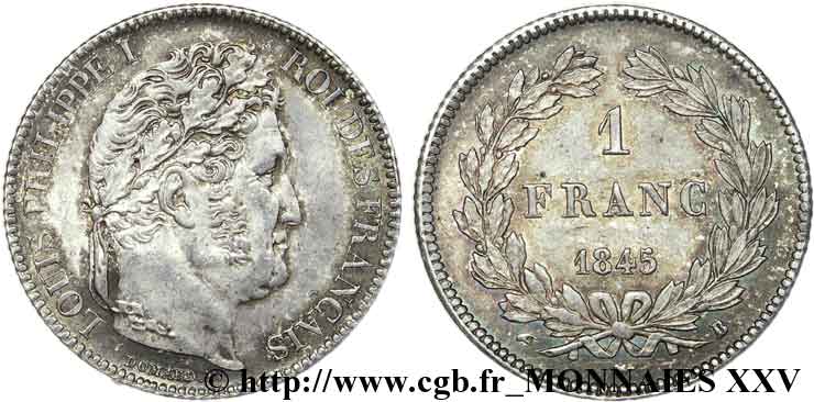 1 franc Louis-Philippe, couronne de chêne 1845 Rouen F.210/101 EBC 