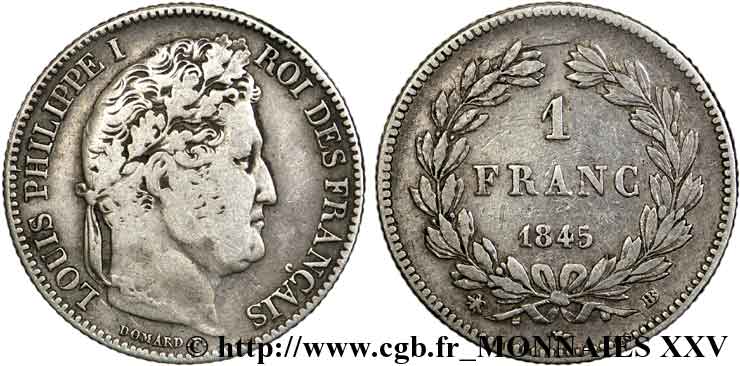 1 franc Louis-Philippe, couronne de chêne 1845 Strasbourg F.210/102 BC 