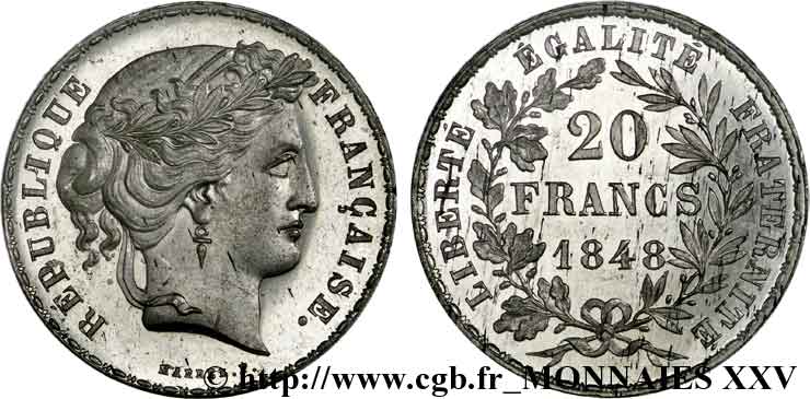 Concours de 20 francs, essai de Marrel 1848 Paris VG.3030 var fST 