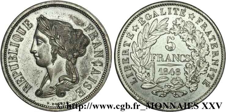 Concours de 5 francs, essai de Boivin 1848 Paris VG.3062 var. SUP 