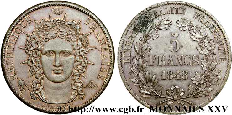 Concours de 5 francs, essai de Farochon, deuxième concours 1848 Paris VG.3073 var. EBC 
