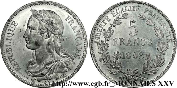 Concours de 5 francs, essai de Montagny 1848 Paris VG.3086 var. SPL 